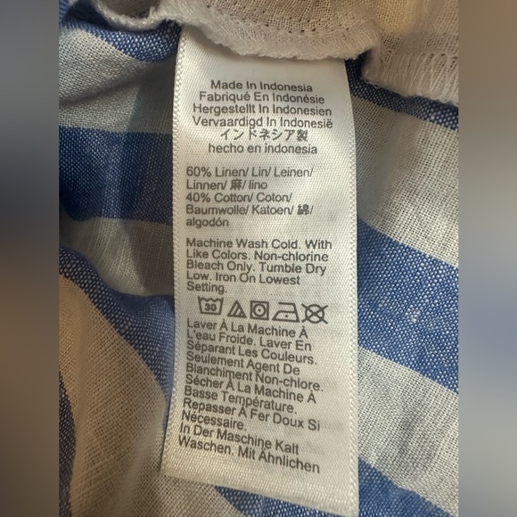 J Crew Linen Shirt M Blue White Stripe Long Sleeve Oxford Collar Preppy Beach - Picture 6 of 8